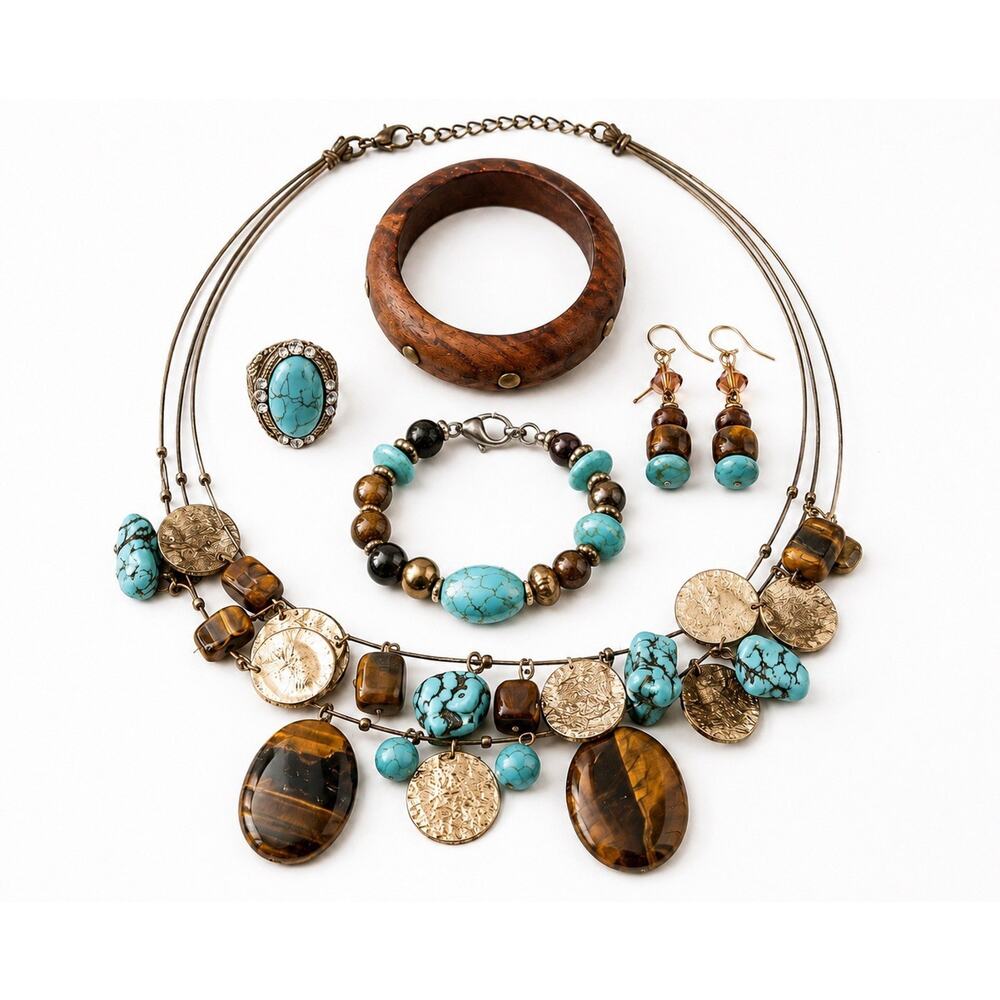 Boho Turquoise Tiger Eye Jewelry Set Necklace Bracelet Ring Earrings Bangle